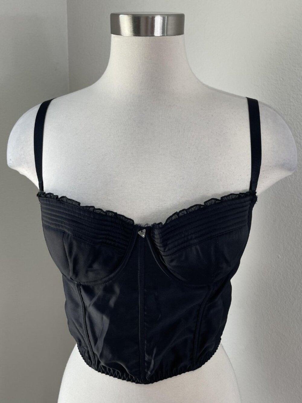 Guess Bustier Corset‎ Top Womens Large Black Mesh Ruffle Logo Strappy Trim